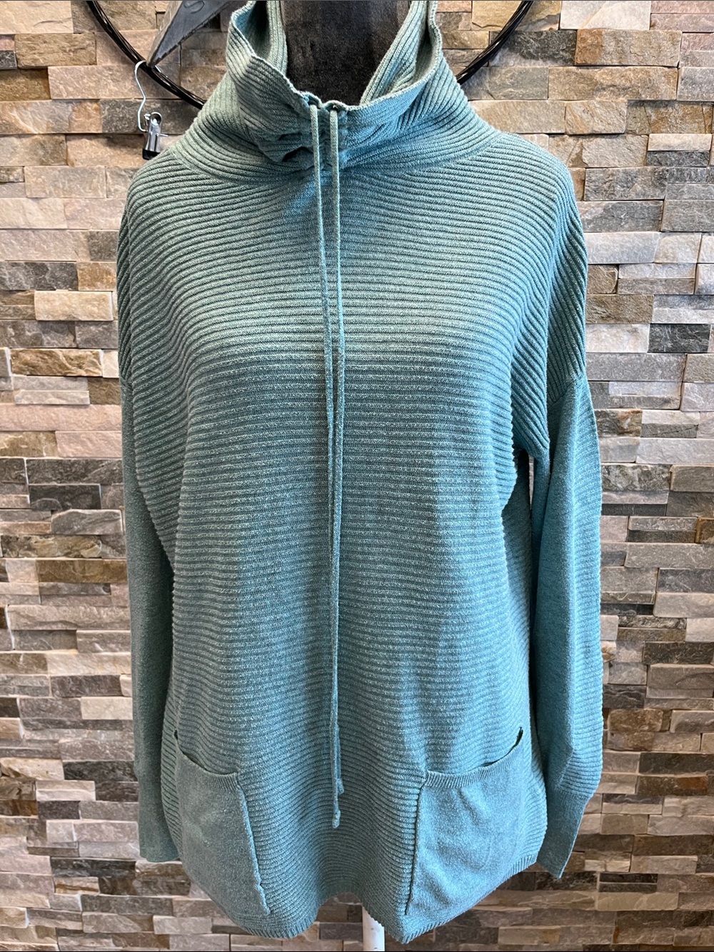 Dakini Womens Teal Ribbed Funnel Neck Sweater Hoodie